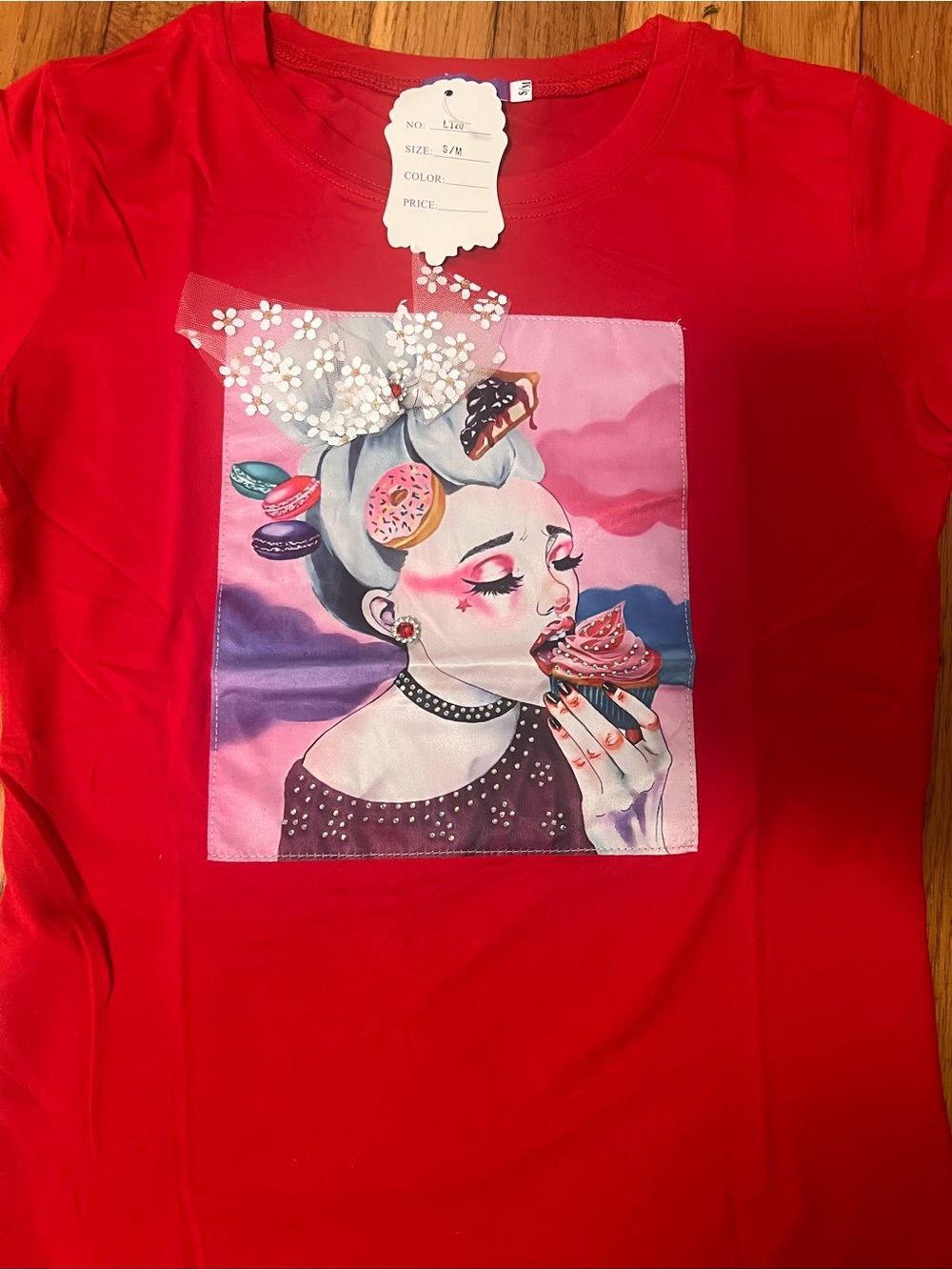 Girls Red Graphic Short Sleeve Tee with Dessert Art